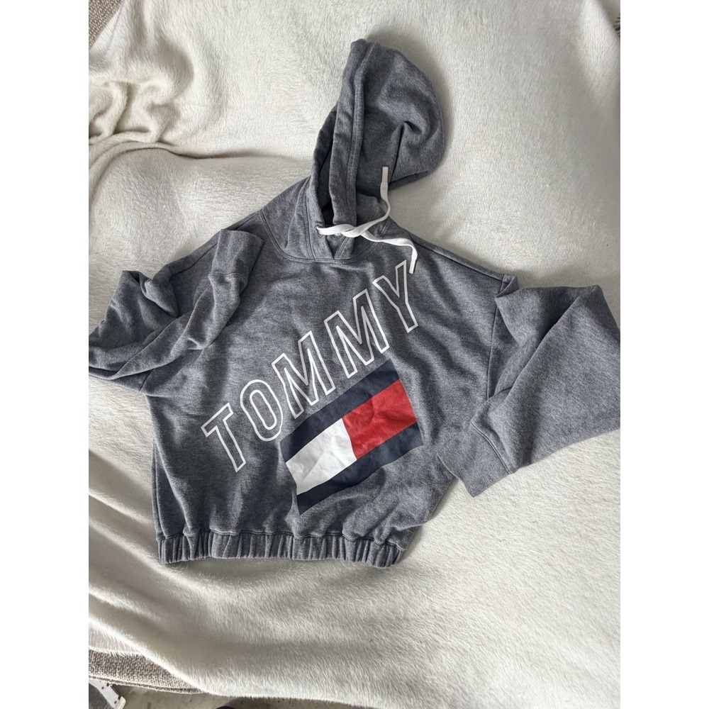 Tommy Hilfiger Sport Hoodie S Gray Cropped TOMMY Flag Logo Pullover